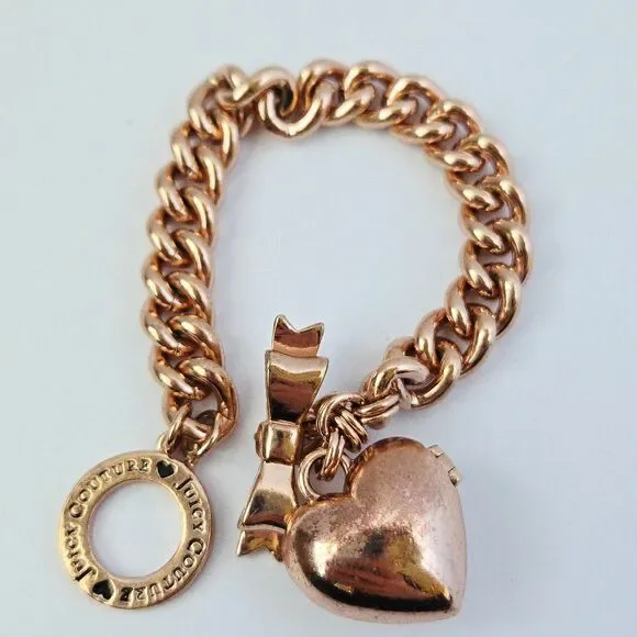 2013 Vintage Juicy Couture Rose Gold Heart Locket Bracelet Bow Toggle Closure - Picture 7 of 11